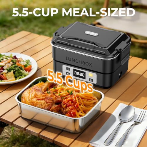 Chefeden Cordless Heated Lunch Box for Adults, 5.5-Cup, Black with Smart Timer