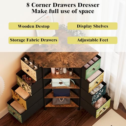 Corner Dresser with 8 Drawers & Shelves - Retro Pattern Variation