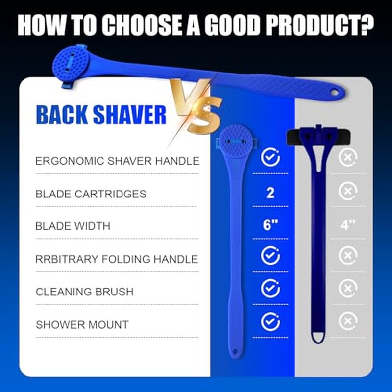 Back& Body Shaver for Men,Back Hair Trimmer for Men with Long Bendable Ergonomic Silicone Handle,10 of The Wet or Dry Disposable Razor Blades,Bath Brush Included(Blue)