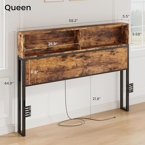 Queen Size Headboard with LED Lighting and Charging Station - Industrial Brown