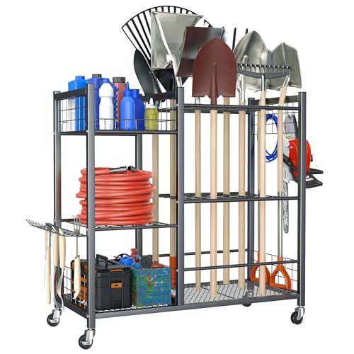 TORACK Garden Tool Stand with Wheels & Side Shelves - Heavy-Duty Yard Organizer