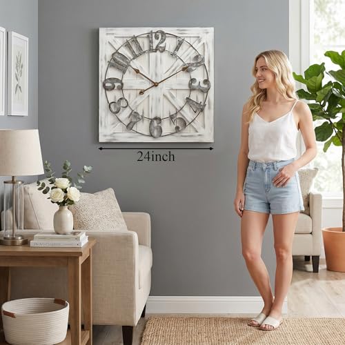 EMAX HOME 24-Inch White Square Farmhouse Wall Clock with Reversible Wooden Sign