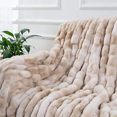 Luxury Faux Fur Throw Blanket - 60x80 Inches, Tie-Dye Beige, Soft & Cozy Couch Decor