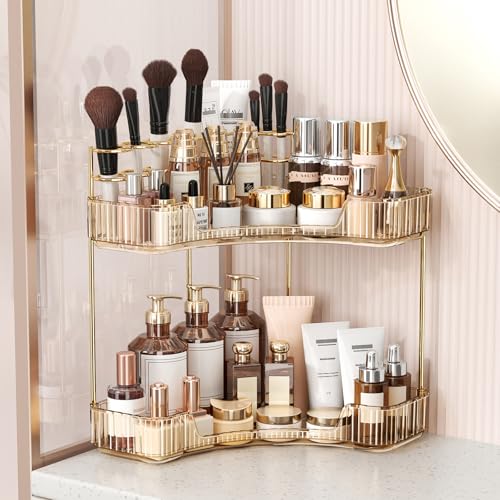 Corner Bathroom Counter Organizer 2-Tier Makeup Storage - Gold