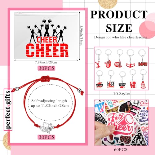 91 Pcs Gifts for Cheerleader Cheer Gifts Bulk Cheer Makeup Bag & Keychain & Bracelet & Waterproof Stickers for Women Girls Teammates Gift Team(Red)