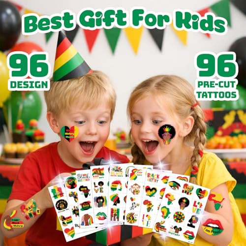 96 PCS Happy Black History Month Pre-Cut Temporary Tattoos for Kids | Super Cute Themed Birthday Party Favors, Supplies, Decorations, African Tattoo Stickers, School Prizes Gifts For Boys Girls