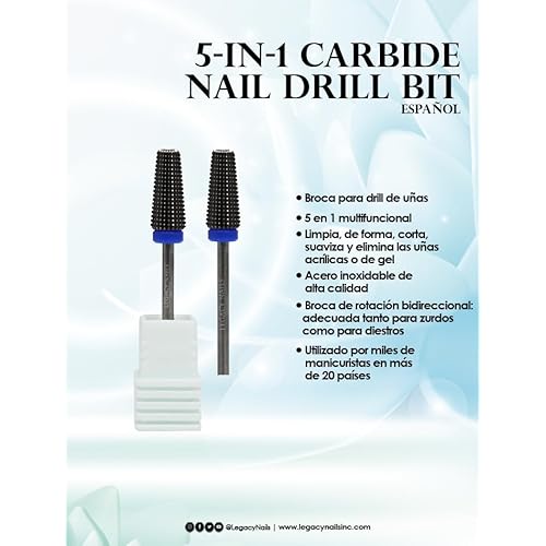 Legacy Nails Professional 5IN1 CARBIDE NAIL DRILL BIT Cleans Shapes Cuts Smoothens and Removes Acrylic or Gel Nails, Stainless-Steel