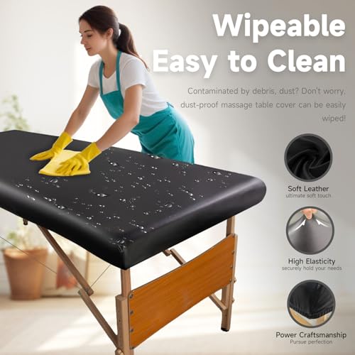 PU Leather Massage Table Cover Protector Wipeable Massage Bed Cover Made of 4-Ways Elastic 100% Waterproof Material, Machine Washable, Fit Rectangular Tables 28-32" Wide (Black, 1Pcs)