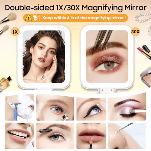 B Beauty Planet White Travel Makeup Mirror with Lights, 1X/30X Magnification & Adjustable Brightness