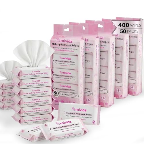 mivida Mini Makeup Remover Wipes – 50 Pocket Packs, Travel-Size Face Wipes, Dermatologist Tested, Fragrance & Alcohol-Free