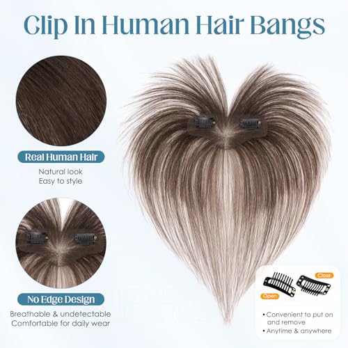 Dark Brown Clip-In Human Hair Bangs for Women, Wispy Front Hairpiece - 9g