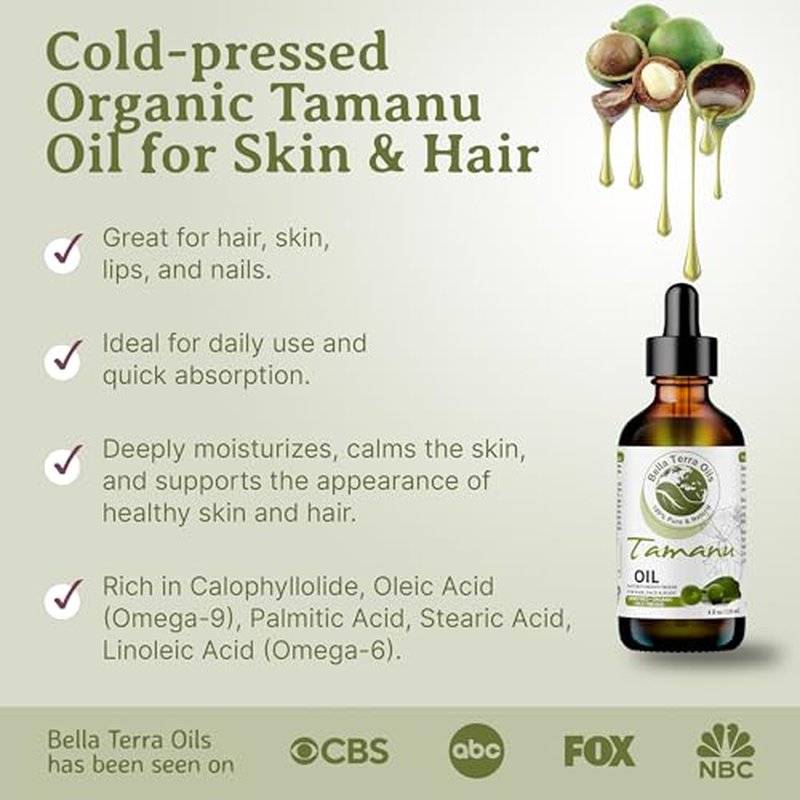Bella Terra Oils - Organic Tamanu Oil 4oz - Cold-Pressed & Pure, Packed with Antioxidants & Beneficial Nutrients, Achieve Silky Smooth Skin Naturally