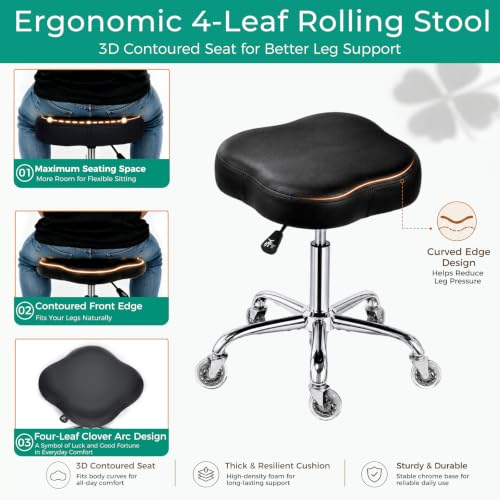 Heavy Duty Rolling Stool with 22" Metal Base, 450 lb Capacity, Ergonomic PU Leather