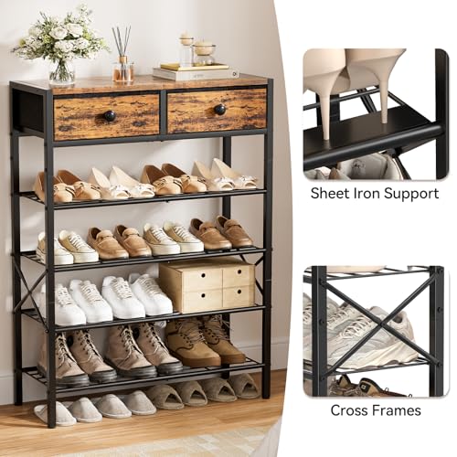 Rustic Brown 5-Tier Shoe Rack with 2 Drawers - Fits 16-20 Pairs, Adjustable Shelves