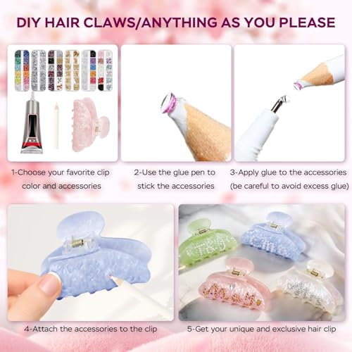 DIY Hair Claw Clips Kit with Decorative Accessories - 8 Acrylic Clamps & Craft Supplies