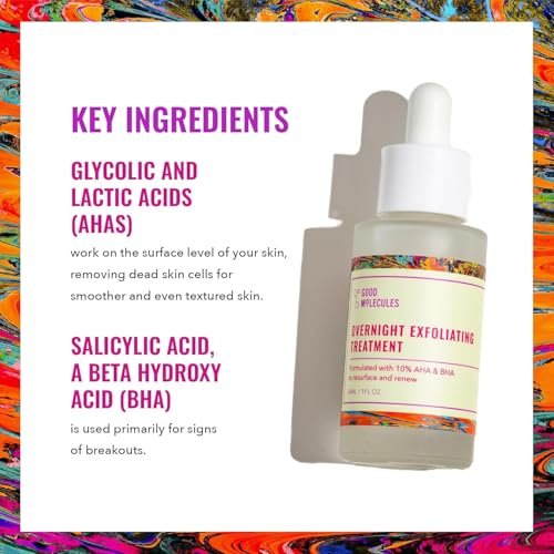 Good Molecules Overnight Exfoliating Treatment Pack 2 ? 1 fl oz / 30 ml Each | Lightweight Face Exfoliator with AHA & BHA, Glycolic & Salicylic Acid