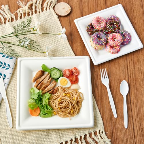 10 Inch Compostable Square Paper Plates - 300 Pack Heavy Duty Disposable Dinnerware