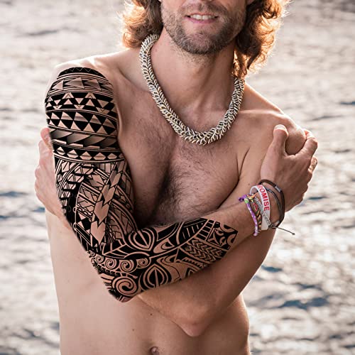 Tribal Totem Temporary Tattoo Sleeve for Men Women, 4-Sheet Full Arm Large Hawaiian Tribal Viking Fake Sleeve Tattoo Adult and 4-Sheet Black Polynesian Turtle Half Temp Tatoo Sticker Thigh Leg Body