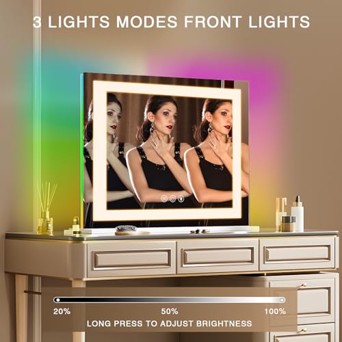 Hansong RGB Vanity Mirror with Lights 23¡± X 18¡± Makeup Mirror with Front Light and RGB Backlit Lighted Vanity Mirror with 3 Color Lighting Dimmable Tempered Glass 10x Magnification and Wall-Mounted