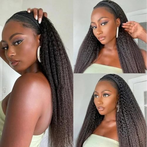 Kinky Straight Headband Wig 22 Inch Black 1B - Glueless Synthetic Hair for Women