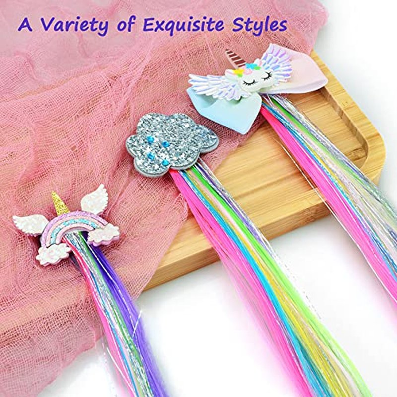 Little World Hair Clips for Girls, 6 Pcs Rainbow Hair Extensions, Unicorn Hair Clips for Girls Toddler Kids Ponytails, Hand-made Cute Glitter Hair Accessories