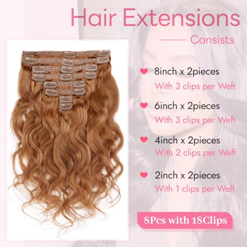 Clip in Hair Extensions 16 Inch Auburn Ginger Human Hair Body Wave 8pcs