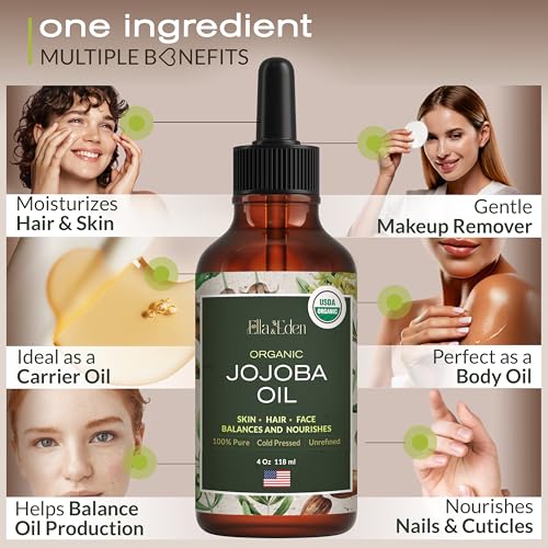 Ella & Eden Organic Rose Water Spray & Organic Jojoba Oil for Face & Skin | USDA Certified, Unrefined, 100% Pure, Hexane-Free, 4oz