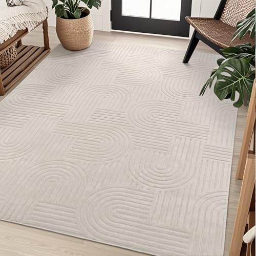 SHACOS Beige 5'3"x7'3" Fluffy Geometric Area Rug - Non Slip Washable Modern Carpet