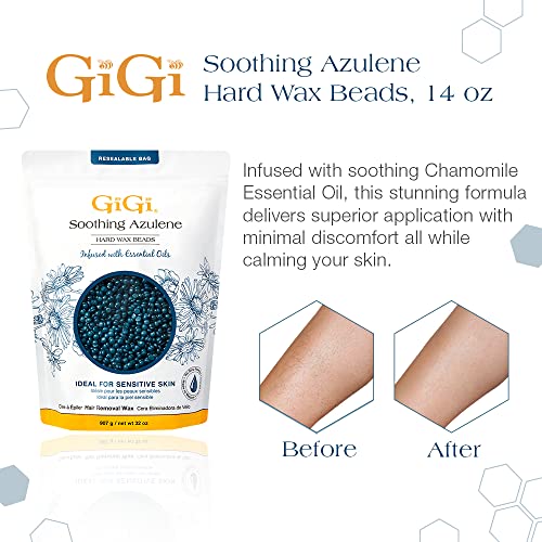 GiGi Azulene Hard Wax Beads 32 oz for Sensitive Skin, No Strips, Gentle Hair Removal