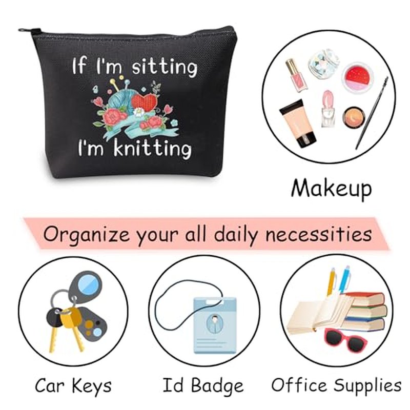 JXGZSO Funny Knitting Gift If I'm Sitting I'm Knitting Cosmetic Bag With Zipper Knitting Project Bag Crochet Lover Gift (I'm Sitting I'm Knitting Black)