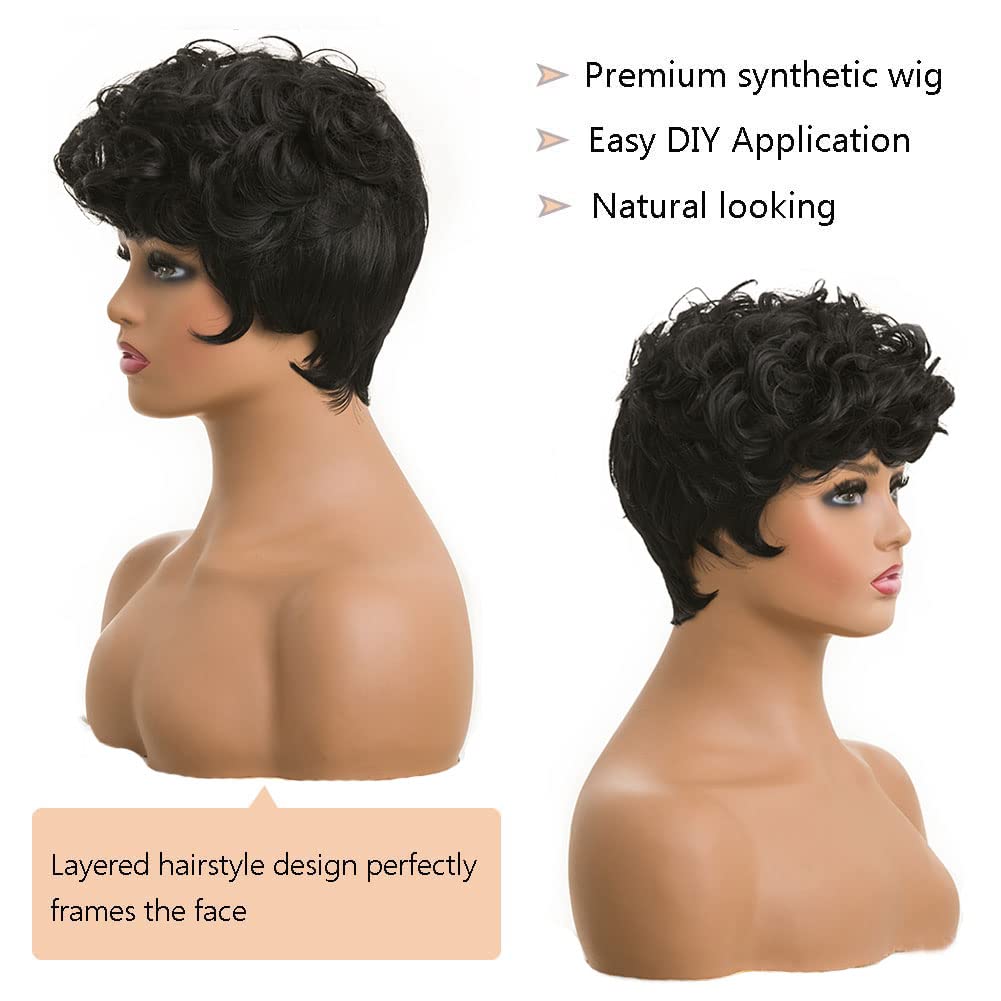 MOONSHOW Short Pixie Wigs for Black Women Short Black Curly Pixie Wig Synthetic Short Hair Wigs for Black Women Natural Wavy Black Pixie Cut Wig (Natural Black)