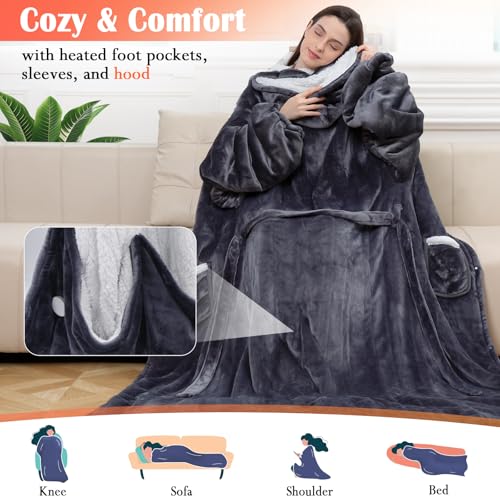 U.Seizeyes Gray Wearable Heated Blanket with Foot Pockets & Hood, 8 Heat Levels