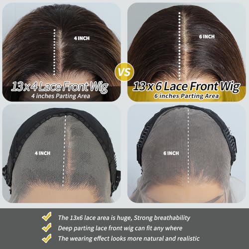 Synthetic Lace Front Wig 13x6 HD Highlight Brown Mix Blonde, 28 Inch Body Wave for Women