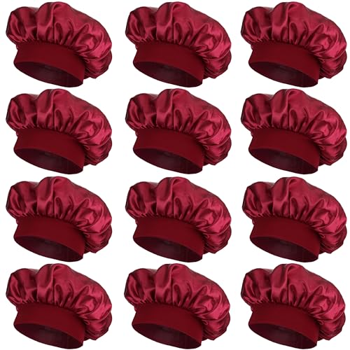 Wheebo Burgundy Satin Bonnet Hats for Women - Pack of 12, Hair Protection & Sleep Caps