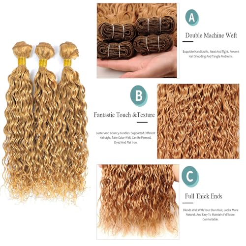 Honey Blonde Water Wave Hair Bundles - #27-W, 12-16 Inch, 3 Pack, Unprocessed Brazilian Virgin Remy Human Hair