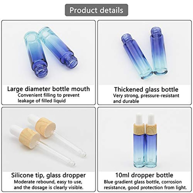 Kesell 10 Pack 10ml Small Glass Dropper Bottle Blue Gradient Color Glass Bottles with Eye Dropper for Travel Mini Sample Containers with 5 Funnels and 5 Plastic Droppers for Essential Oils,Perfume