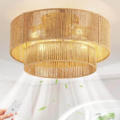 Gold Boho Caged Ceiling Fan with Light Flush Mount - Handwoven Rattan Fandelier