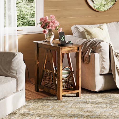 Farmhouse End Table with Charging Station - Rustic Brown, Narrow Side Table for Small Spaces