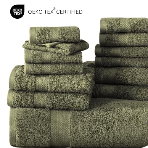 Lane Linen 18-Piece Bath Towel Set Oil Green - Large, Absorbent, Quick Dry