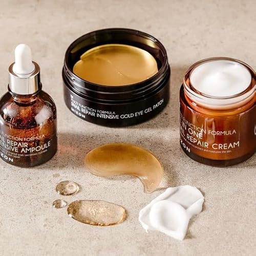 MIZON Multifunction Total Care Set Skincare routine with 24K Gold Snail Eye Patches (30 pairs) All in One Snail Repair Cream (2.53Fl Oz) and Snail Repair Intensive Ampoule (1.01Fl Oz)