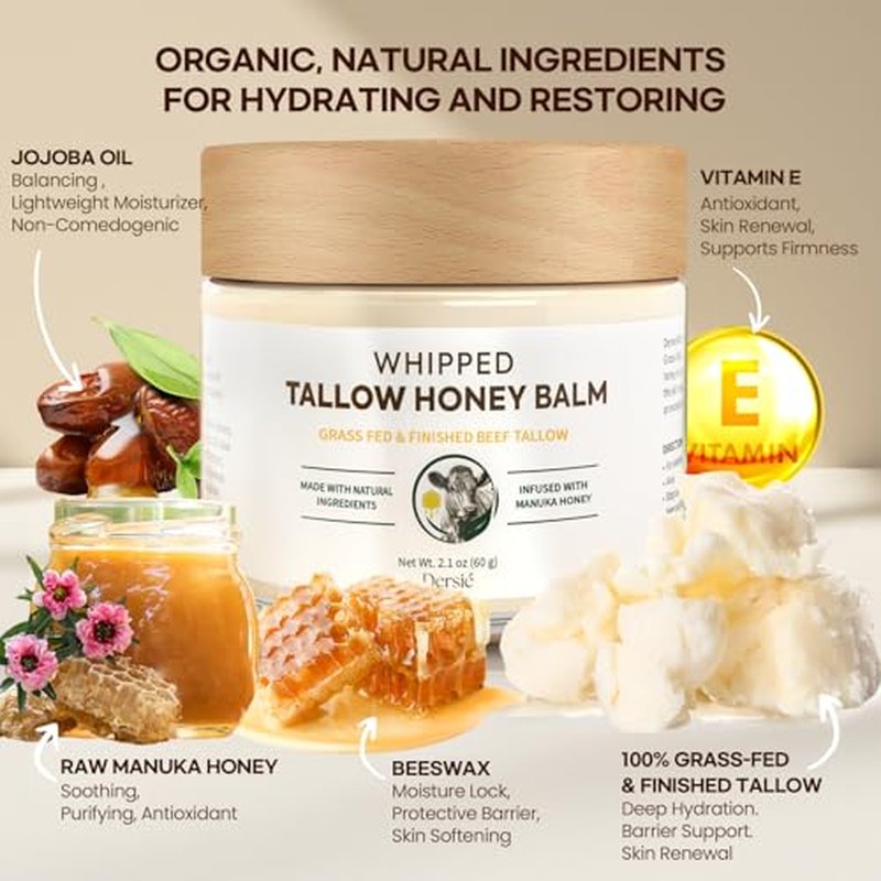 Dersie Tallow and Honey Balm for Face: 100% Grass-Fed Whipped Tallow Balm with Manuka Honey for Dry, Sensitive & Mature Skin ? Deep Hydration & Soothing ? Suitable for Women, Men & Kids (2.1 oz)