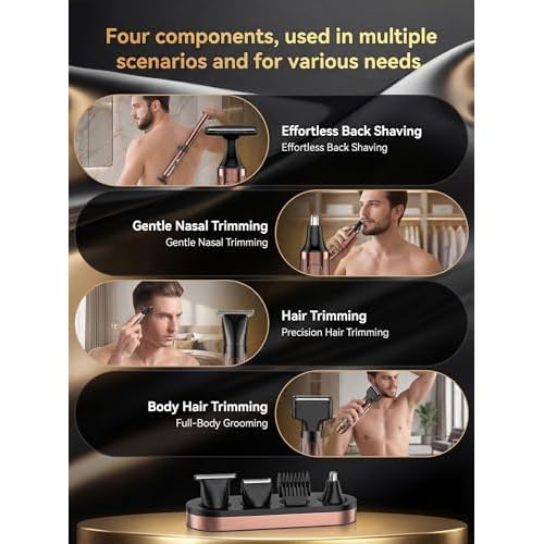 Back Shaver for Men with LED Display, 4-in-1 Rechargeable Body & Back Trimmer, Extendable Long Handle, Safety Lock, IPX7 Waterproof, Adjustable Speed, Wet/Dry Use, Travel Case Included