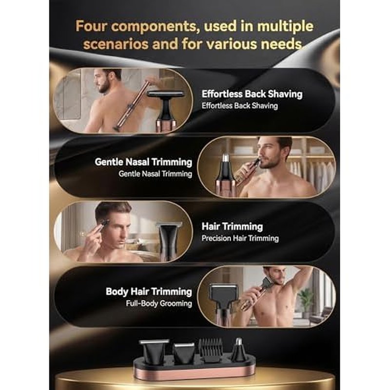 Back Shaver for Men with LED Display, 4-in-1 Rechargeable Body & Back Trimmer, Extendable Long Handle, Safety Lock, IPX7 Waterproof, Adjustable Speed, Wet/Dry Use, Travel Case Included