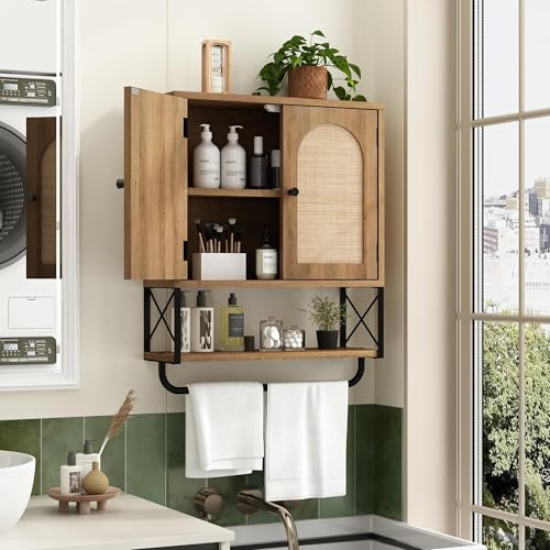 Rustown Rattan Bathroom Wall Cabinet - Natural Oak, Medium Size Over Toilet Storage