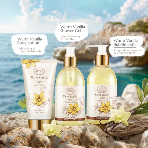 Bath & Body Gift Set, Warm Vanilla Sugar — 7pcs Gift Basket for Women (AriosoMonde)