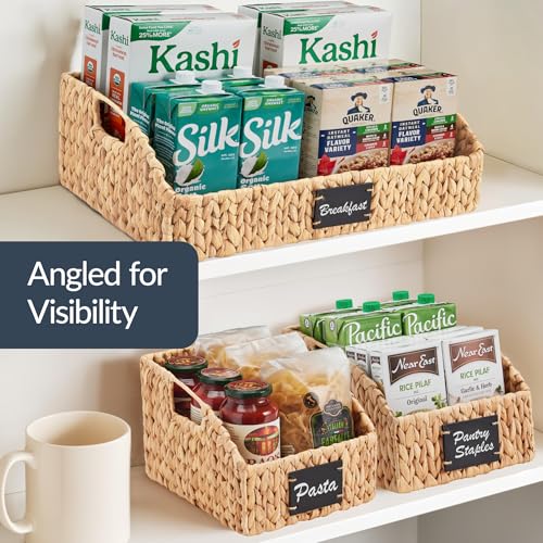 Water Hyacinth Pantry Storage Baskets Set of 3 Handwoven Natural Wicker Baskets with Handles