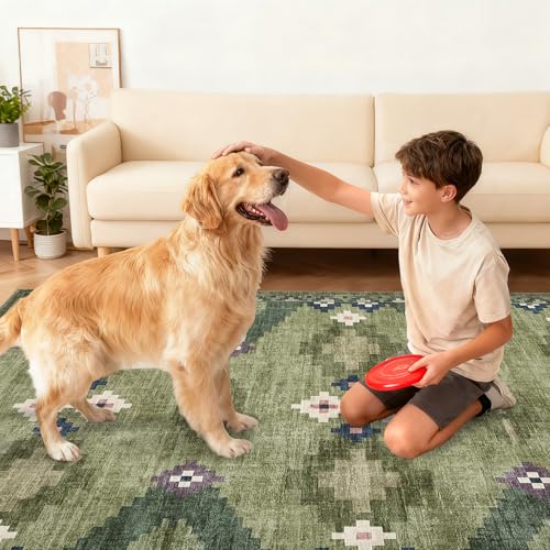 Green 8x10 Washable Area Rug for Living Room & Bedroom Non Slip Geometric