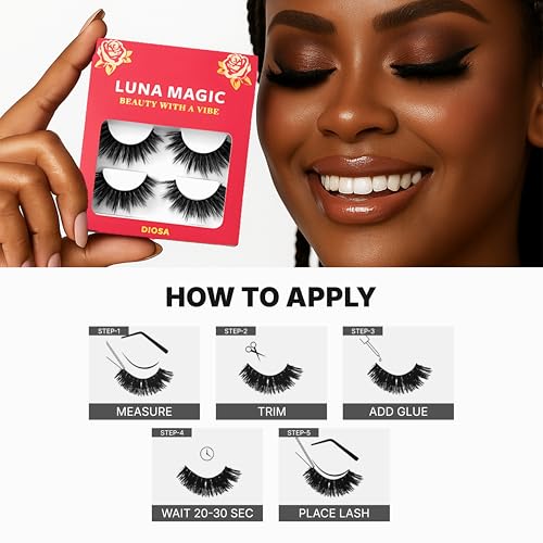 Luna Magic Diosa Faux Mink Wispy Lashes with Soft Band, Reusable up to 10x, Lightweight Eye-Enhancing Design for Natural or Dramatic Eye Looks - Vegan & Cruelty-Free Eyelashes - 13MM ? 3 Pair