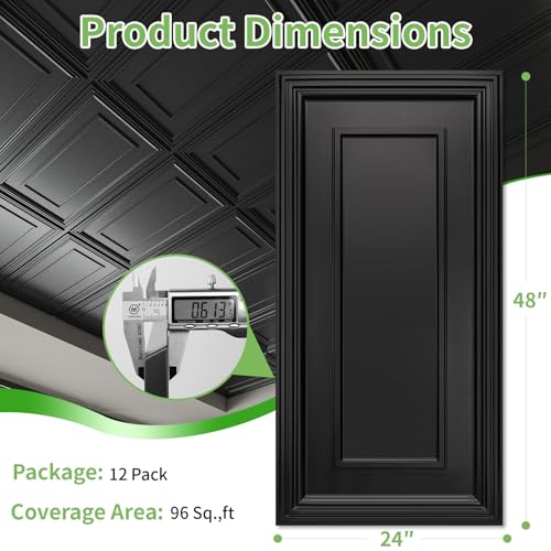 Large 2x4 ft Black PVC Ceiling Tiles - 12 Pack, Seamless Drop-In & Glue-Up Panels