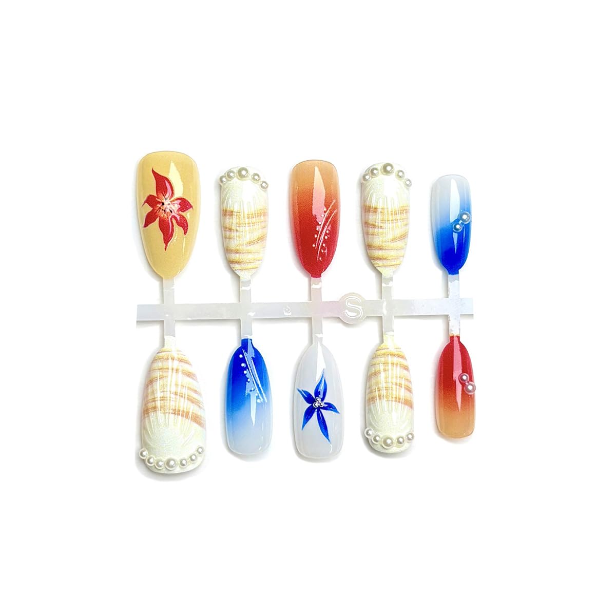 30Pcs Summer Press on Nails Medium Almond Fake Nails 3D Red Blue Flower with Pearl Full Cover Artificial Cute Shell Glue on Nails Summer False Nails Stick on Nails for Women Girls Acrylic Nails DIY